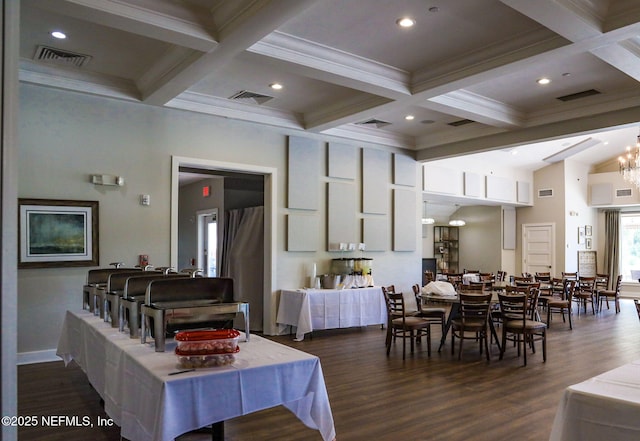 dining space with visible vents, beam ceiling, and dark wood-style flooring