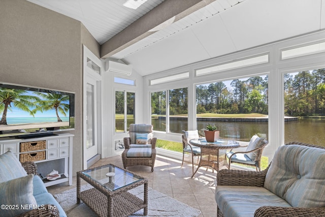 sunroom featuring a healthy amount of sunlight, lofted ceiling with beams, a wall mounted AC, and a water view