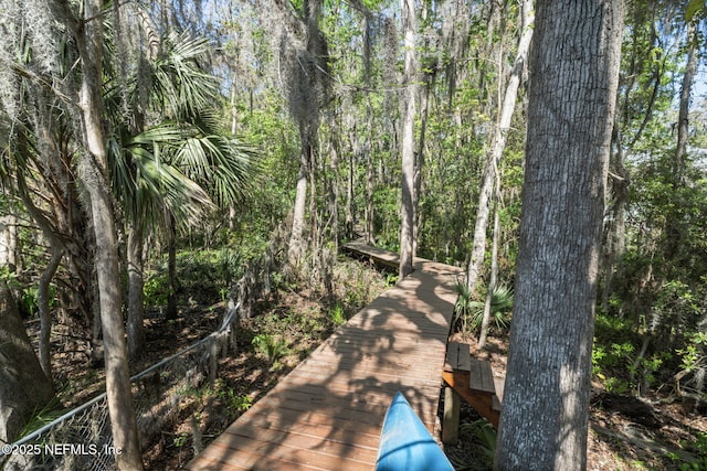 view of property's community featuring a wooded view