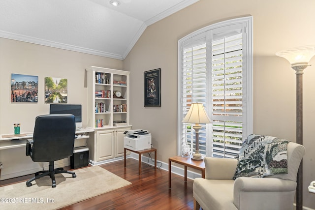 home office with baseboards, ornamental molding, dark wood-style flooring, and vaulted ceiling