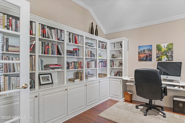 office with dark wood-type flooring, lofted ceiling, and ornamental molding