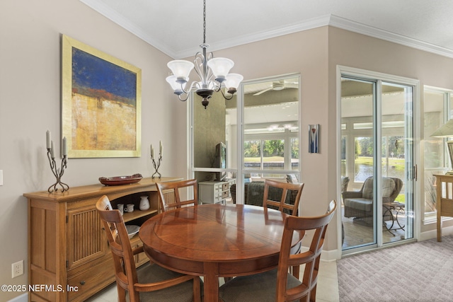 carpeted dining area with an inviting chandelier and crown molding