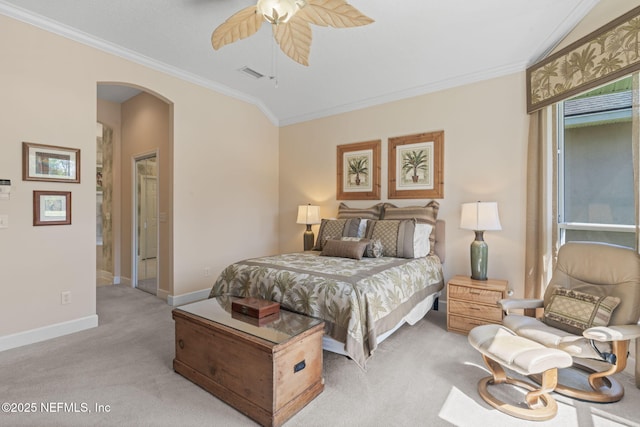 bedroom with visible vents, light carpet, ornamental molding, arched walkways, and baseboards