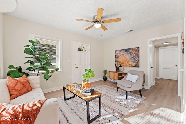 living area featuring visible vents, baseboards, light wood-style floors, and a textured ceiling