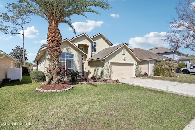 traditional-style home featuring stucco siding, a front lawn, concrete driveway, and a garage