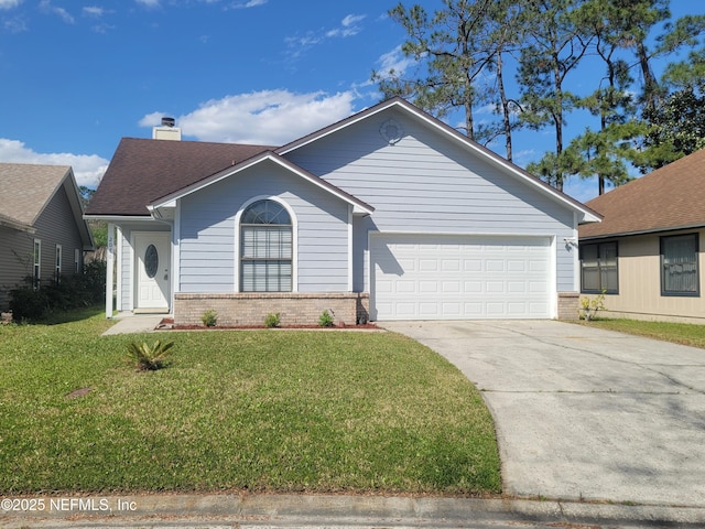 single story home featuring a front yard, brick siding, driveway, and a chimney