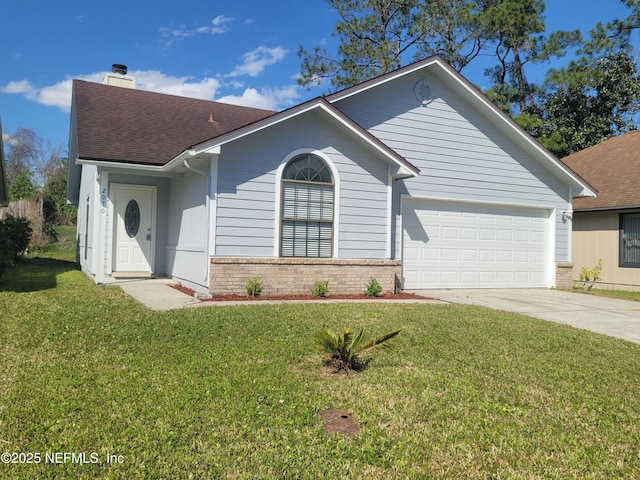 ranch-style home with concrete driveway, brick siding, and a front lawn