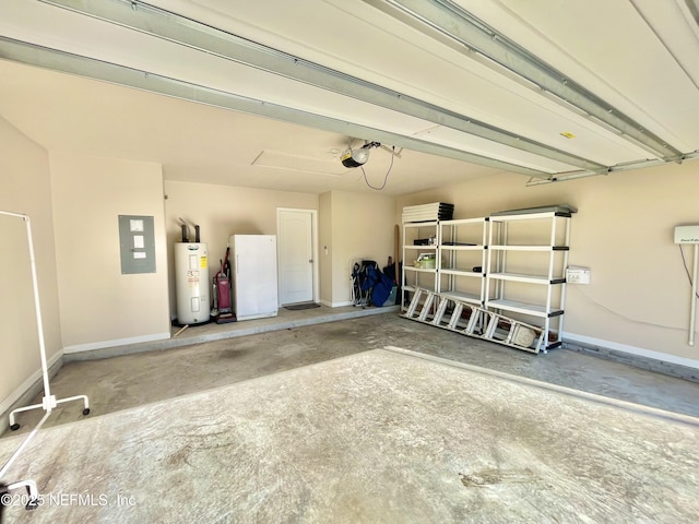 garage featuring baseboards, water heater, electric panel, a garage door opener, and freestanding refrigerator