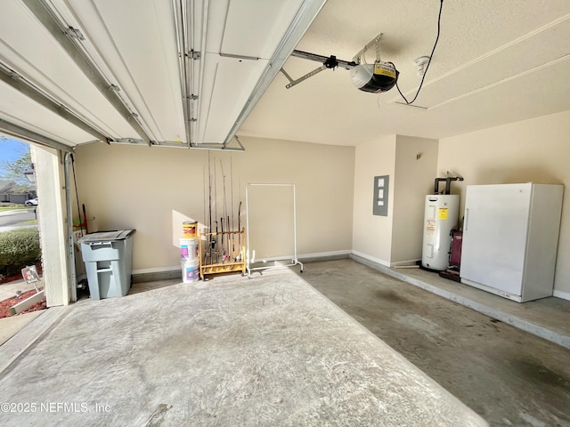 garage with baseboards, electric panel, water heater, freestanding refrigerator, and a garage door opener