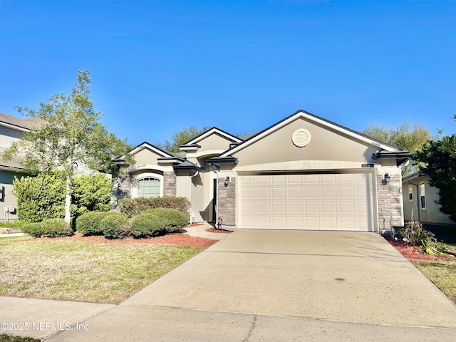 ranch-style house with stone siding, stucco siding, concrete driveway, and a garage