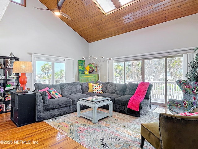 living area with wooden ceiling, high vaulted ceiling, ceiling fan, and wood finished floors