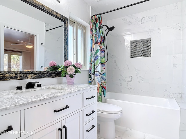 bathroom featuring vanity, toilet, shower / bath combo with shower curtain, and marble finish floor