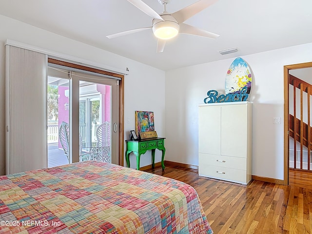 bedroom with a ceiling fan, baseboards, visible vents, light wood finished floors, and access to outside