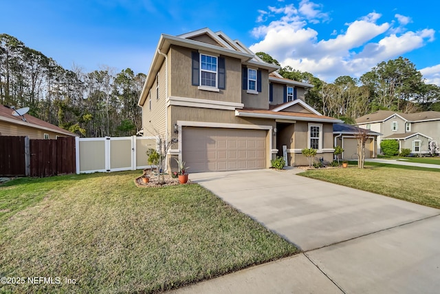 traditional-style house with a gate, fence, a front lawn, concrete driveway, and a garage