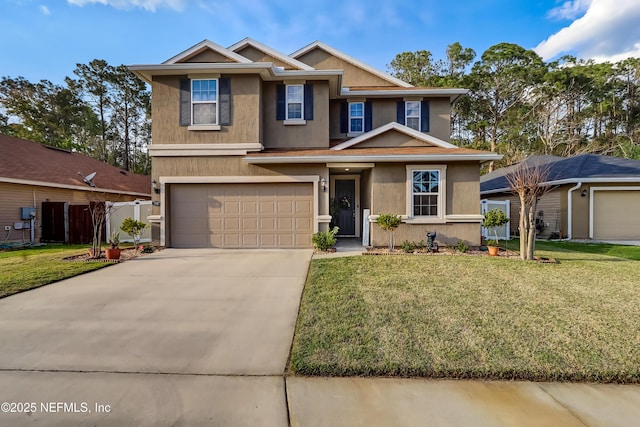 view of front of home with fence, an attached garage, stucco siding, a front lawn, and concrete driveway