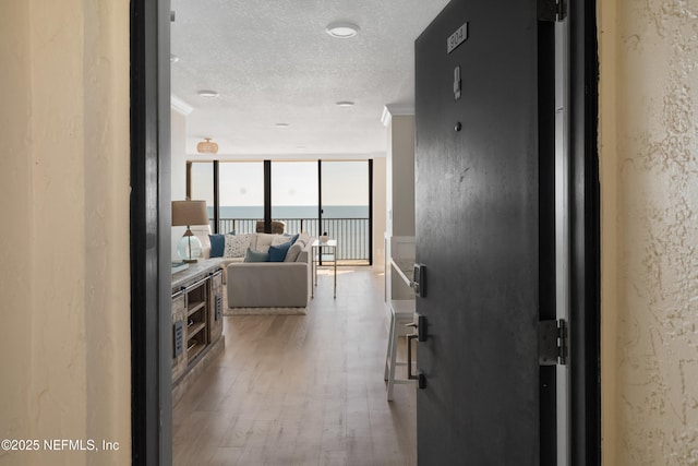 hallway with light wood-type flooring, expansive windows, a textured ceiling, and a textured wall