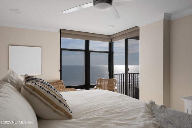 bedroom featuring access to exterior, a ceiling fan, and ornamental molding