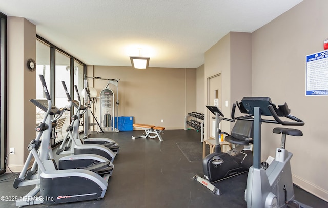 exercise room featuring a textured ceiling, a wall of windows, and baseboards