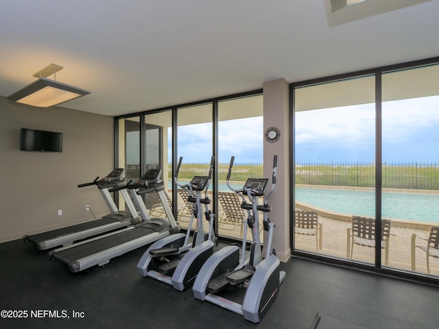 workout area featuring baseboards and expansive windows