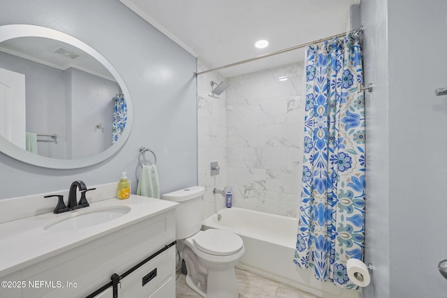 bathroom with visible vents, shower / bath combo with shower curtain, toilet, ornamental molding, and vanity