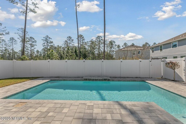 view of swimming pool featuring a patio area, a fenced in pool, a fenced backyard, and a gate