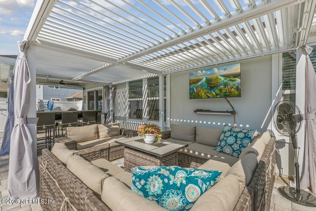 view of patio featuring an outdoor living space and a pergola