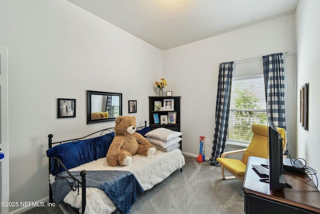 bedroom featuring baseboards, carpet, and a textured ceiling