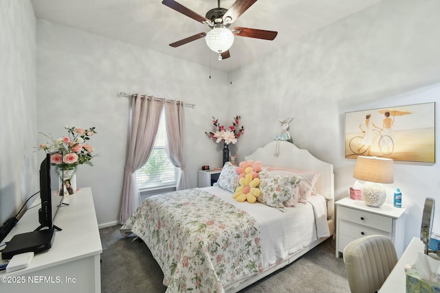 bedroom with ceiling fan and carpet flooring