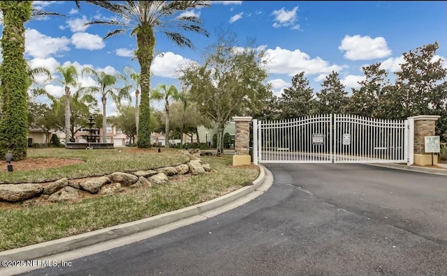 view of street with a gated entry, curbs, and a gate