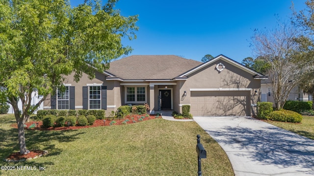 ranch-style house featuring stucco siding, an attached garage, concrete driveway, and a front yard