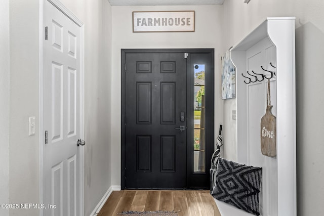 foyer entrance with baseboards and wood finished floors