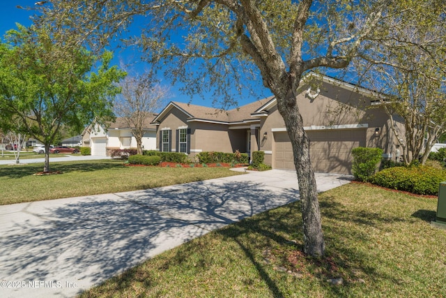 ranch-style house featuring stucco siding, a garage, concrete driveway, and a front yard