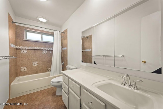 bathroom with tile patterned floors, toilet, vanity, and shower / bathtub combination with curtain