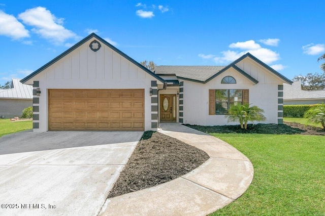 view of front of property featuring stucco siding, a front lawn, board and batten siding, concrete driveway, and an attached garage