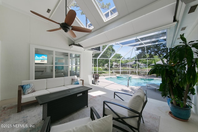 view of pool with outdoor lounge area, a pool with connected hot tub, ceiling fan, a patio, and a lanai