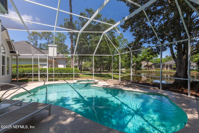 view of pool featuring a water view, a patio area, a pool with connected hot tub, and a lanai