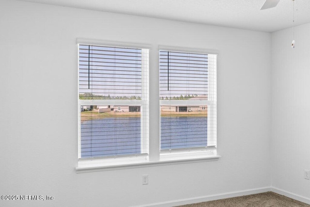 details with baseboards, carpet, and ceiling fan