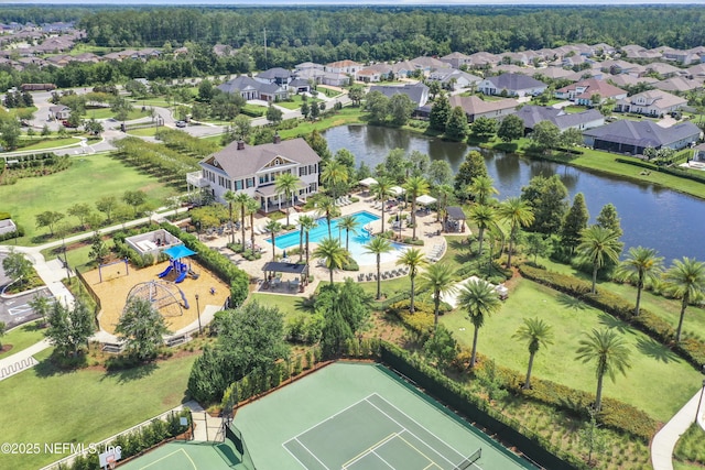 aerial view featuring a residential view and a water view