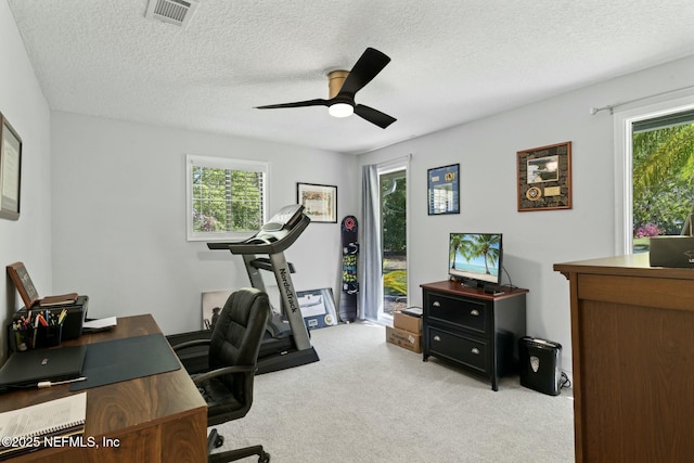 office area featuring a wealth of natural light, visible vents, light colored carpet, and ceiling fan