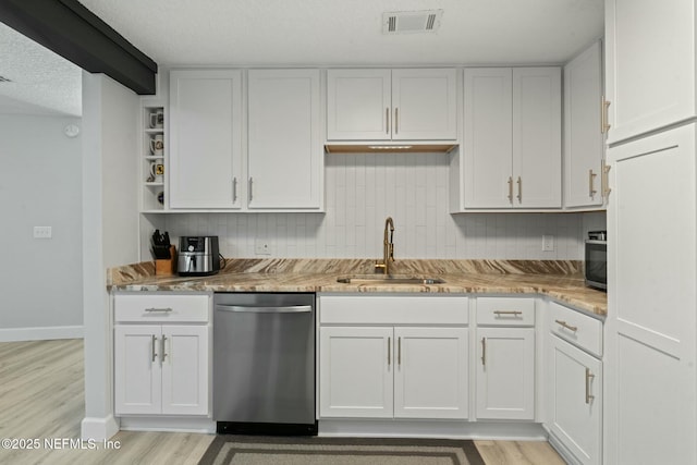 kitchen featuring visible vents, a sink, open shelves, stainless steel dishwasher, and white cabinetry