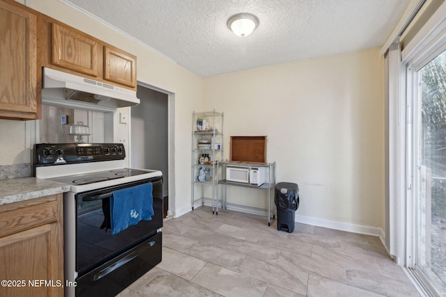 kitchen with baseboards, range with electric cooktop, light countertops, under cabinet range hood, and a textured ceiling