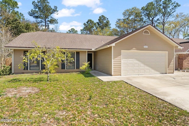 ranch-style house featuring a garage, concrete driveway, and a front lawn