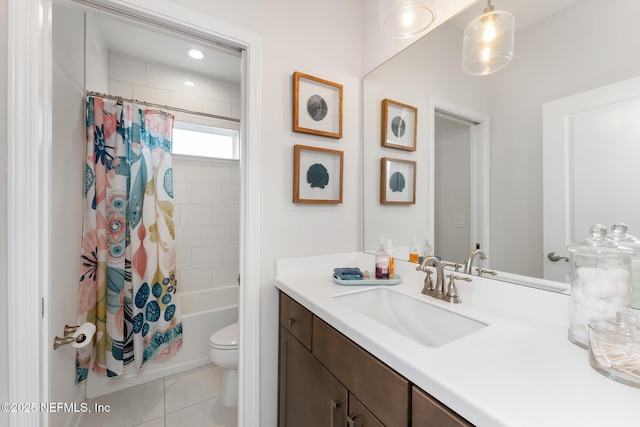 bathroom with tile patterned flooring, shower / bath combination with curtain, toilet, and vanity