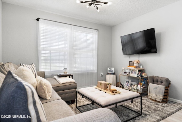 living area with a textured ceiling, baseboards, and wood finished floors