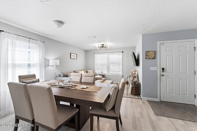 dining space with light wood finished floors, plenty of natural light, a textured ceiling, and baseboards