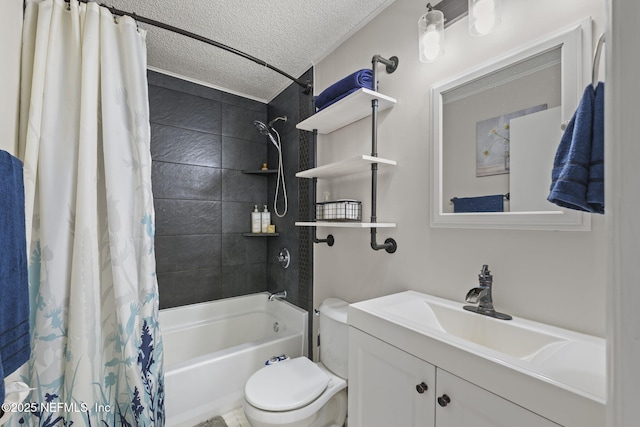 bathroom featuring shower / bath combo with shower curtain, a textured ceiling, vanity, and toilet