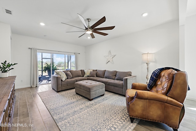 2965 Crossfield Dr, Green Cove Springs, FL 32043 - living area featuring wood finished floors, ceiling fan, visible vents, and recessed lighting