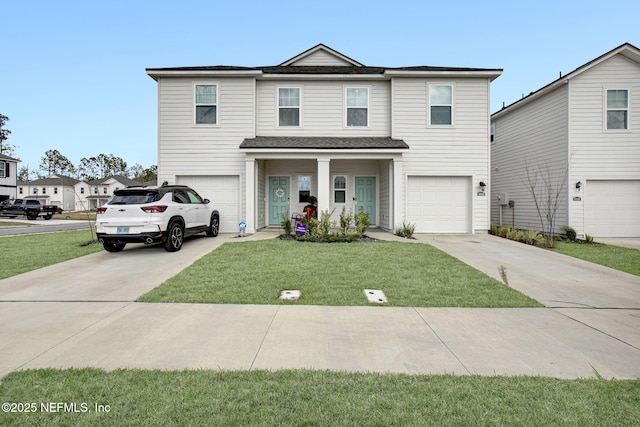 traditional-style house with a front lawn, an attached garage, driveway, and a shingled roof