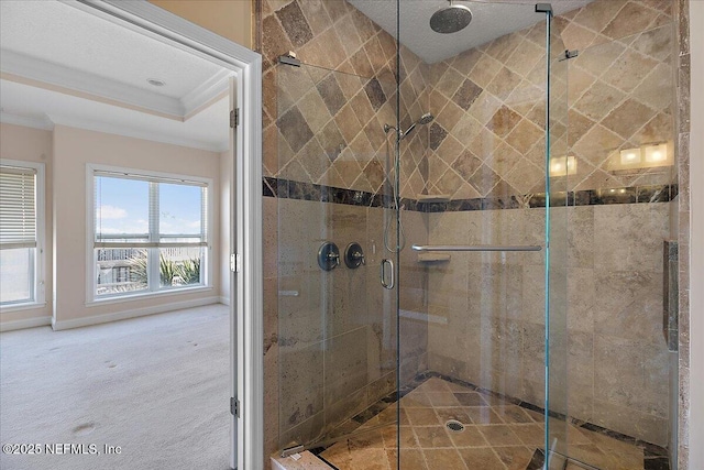 bathroom featuring a stall shower, a tray ceiling, baseboards, and ornamental molding