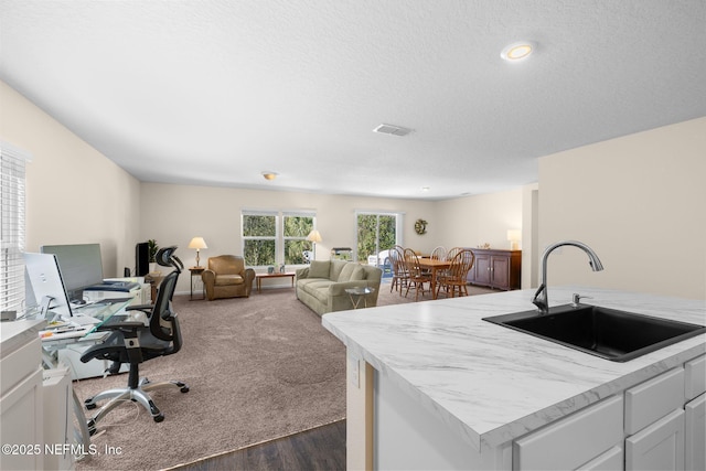 office space featuring a sink, visible vents, a textured ceiling, and dark carpet